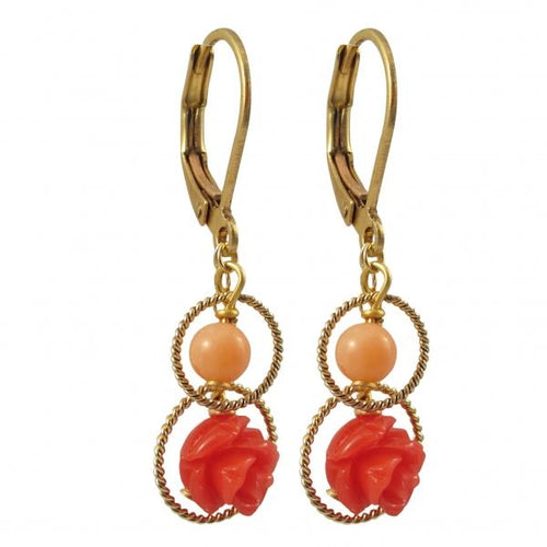 DLF Coral Rose Flower And Peach Coral 4mm Ball In Braided Open Ring, On Brass Lever Back Gold Earrings W18