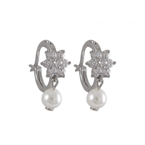 DLF White Flower On Rhodium Plated Sterling Silver Huggie Earrings, With 4mm White Pearl W18