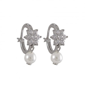 DLF White Flower On Rhodium Plated Sterling Silver Huggie Earrings, With 4mm White Pearl W18