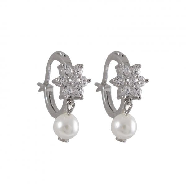 DLF White Flower On Rhodium Plated Sterling Silver Huggie Earrings, With 4mm White Pearl W18