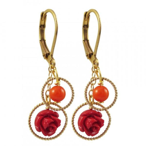 DLF Red Rose Flower And Coral 4mm Ball In Braided Open Ring, On Brass Lever Back Gold Earrings W18