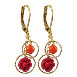 DLF Red Rose Flower And Coral 4mm Ball In Braided Open Ring, On Brass Lever Back Gold Earrings W18