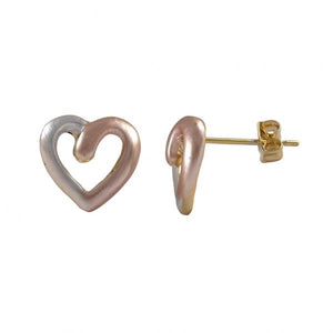 DLF Tri Color Heart, Gold Tone Brass Post Silver/Rose Gold Earrings W18