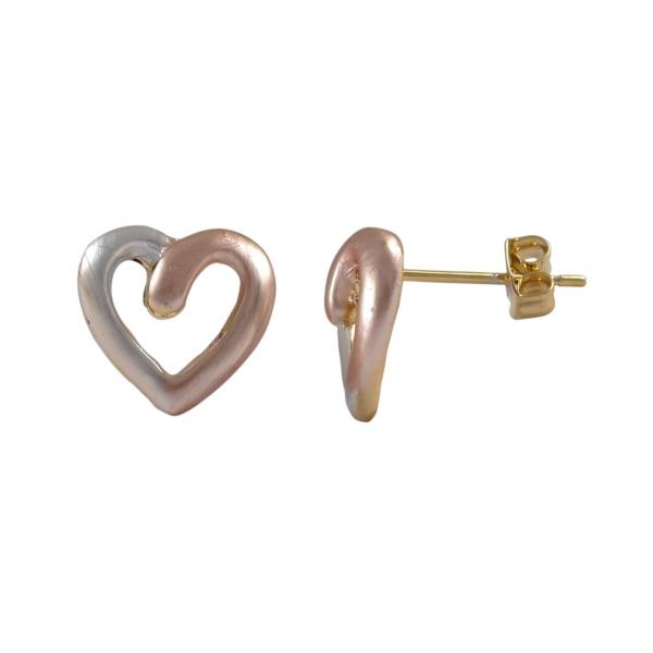 DLF Tri Color Heart, Gold Tone Brass Post Silver/Rose Gold Earrings W18