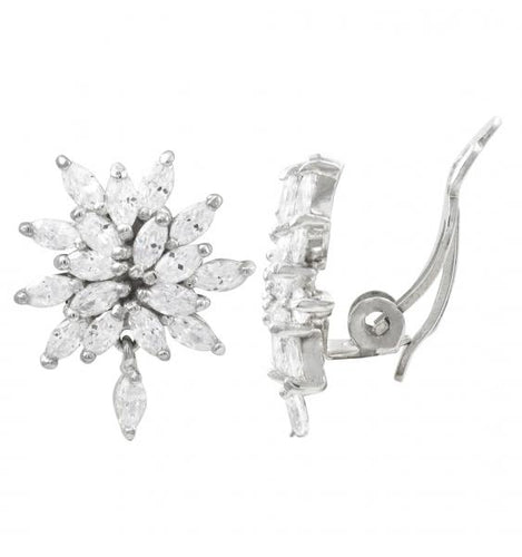 DLF Rhodium Plated Sterling Silver White, Marquise CZ Cluster Clip Earrings W17