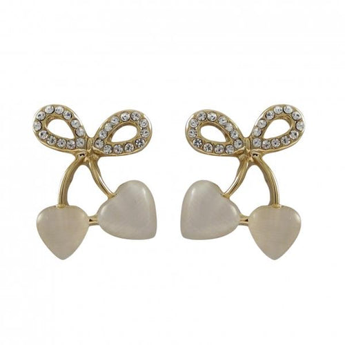 DLF Mother Of Pearl Cat Eye Stone With White Crystals, Bow Heart Design, Gold Plated Brass Post Earrings W18