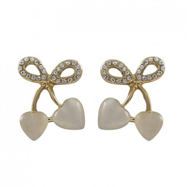 DLF Mother Of Pearl Cat Eye Stone With White Crystals, Bow Heart Design, Gold Plated Brass Post Earrings W18