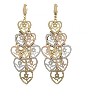 DLF Tri Color Heart/Flower Dangle Gold/Silver/Brass Earrings W17