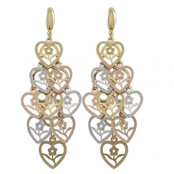 DLF Tri Color Heart/Flower Dangle Gold/Silver/Brass Earrings W17